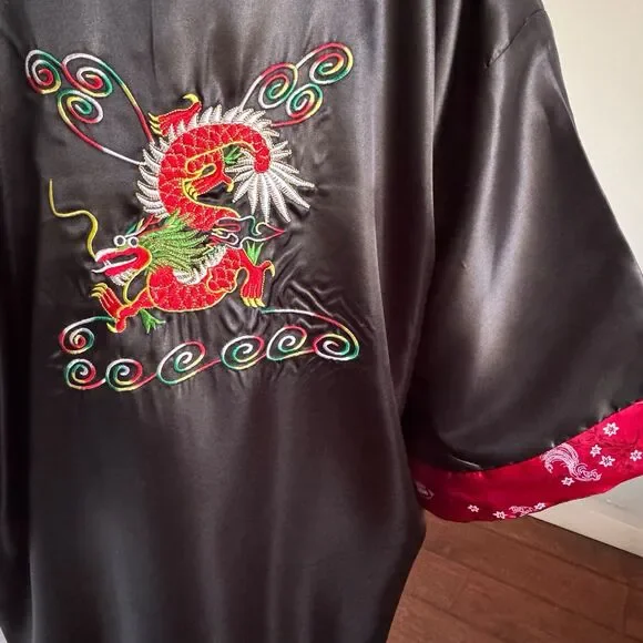 VTG Embroidered Dragon Reversible Satin Kimono Robe Asian Print Smoking Jacket S - Picture 15 of 16